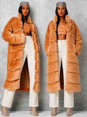 💋CHIC & GLAM💋 Luxurious Pelted Faux Mink & Suede Long Coat in Camel